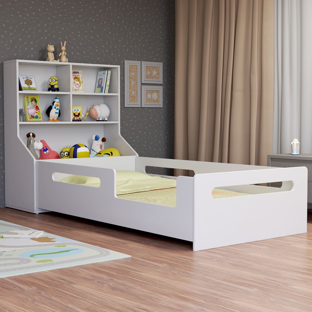 Cama Infantil Solteiro Moderna Com Cabeceira Estante Para Brinquedos