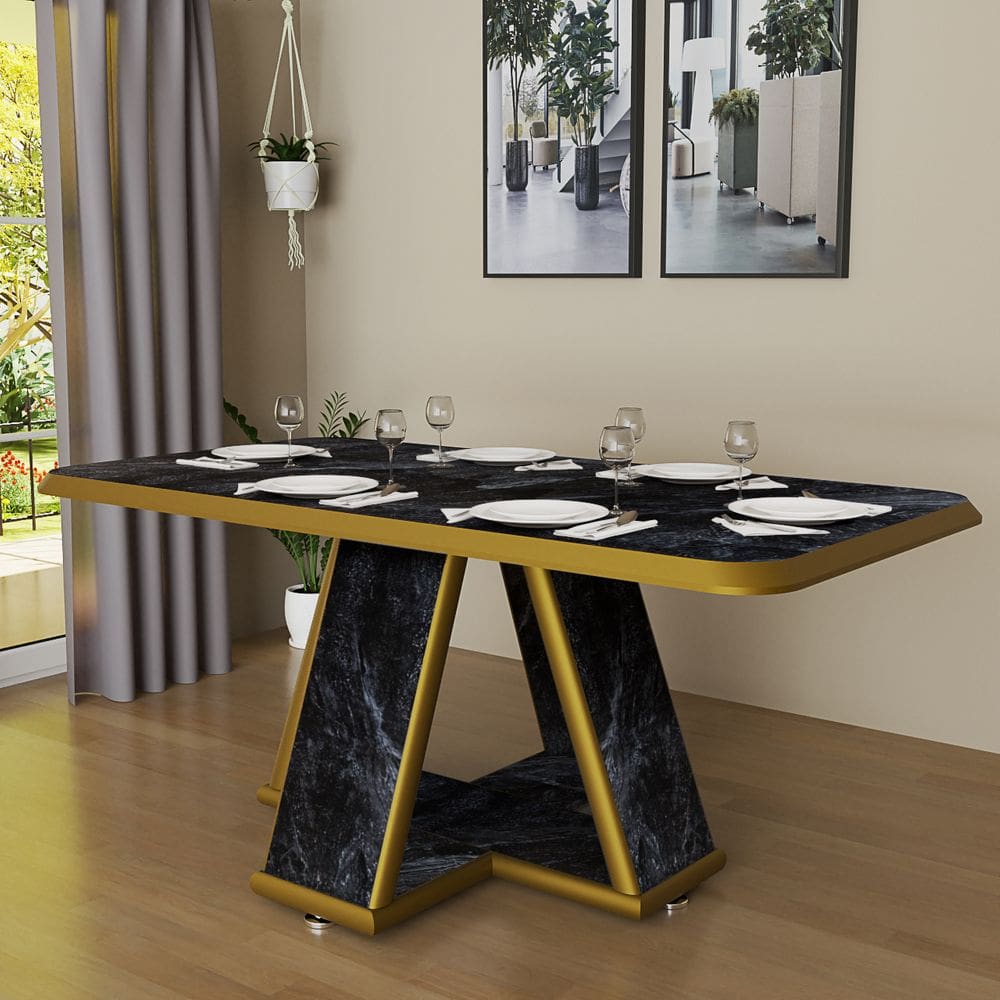 Mesa De Jantar Retangular 160x90 6 Lugares Estilo Marmorizado Moderno Com Bordas Douradas