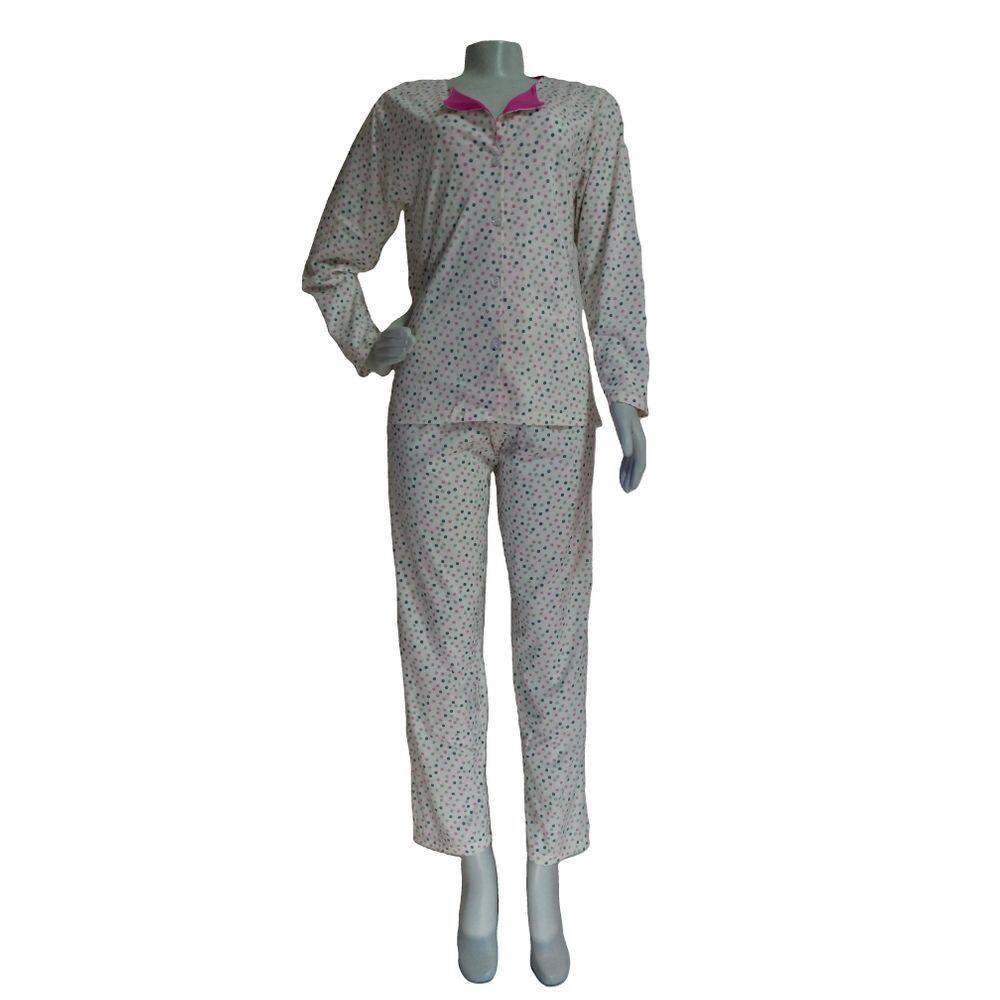 Pijama Feminino Longo Poá Camisa com Botões Sem Gola