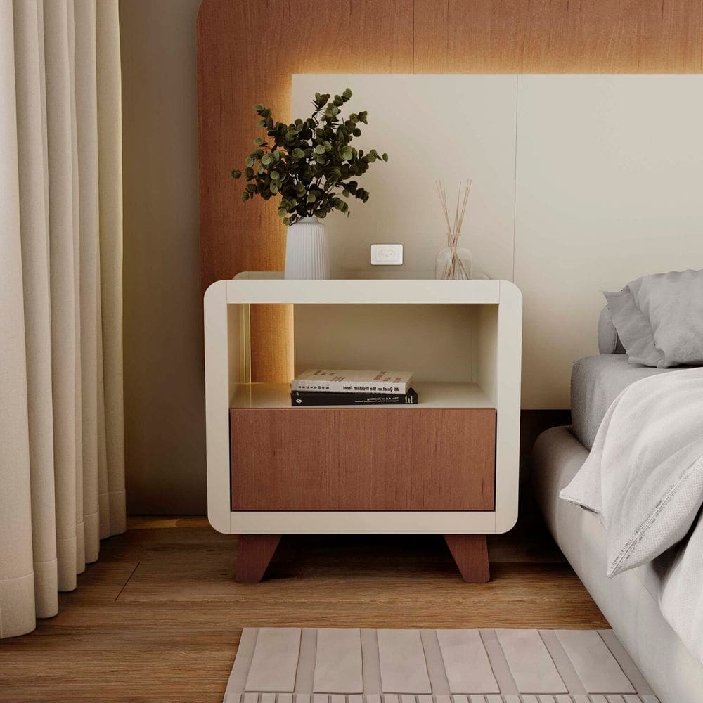 Mesa de Cabeceira 55cm com Gaveta e Nicho 100% Mdf Padrão Planejados Mabel Off White / Castanho