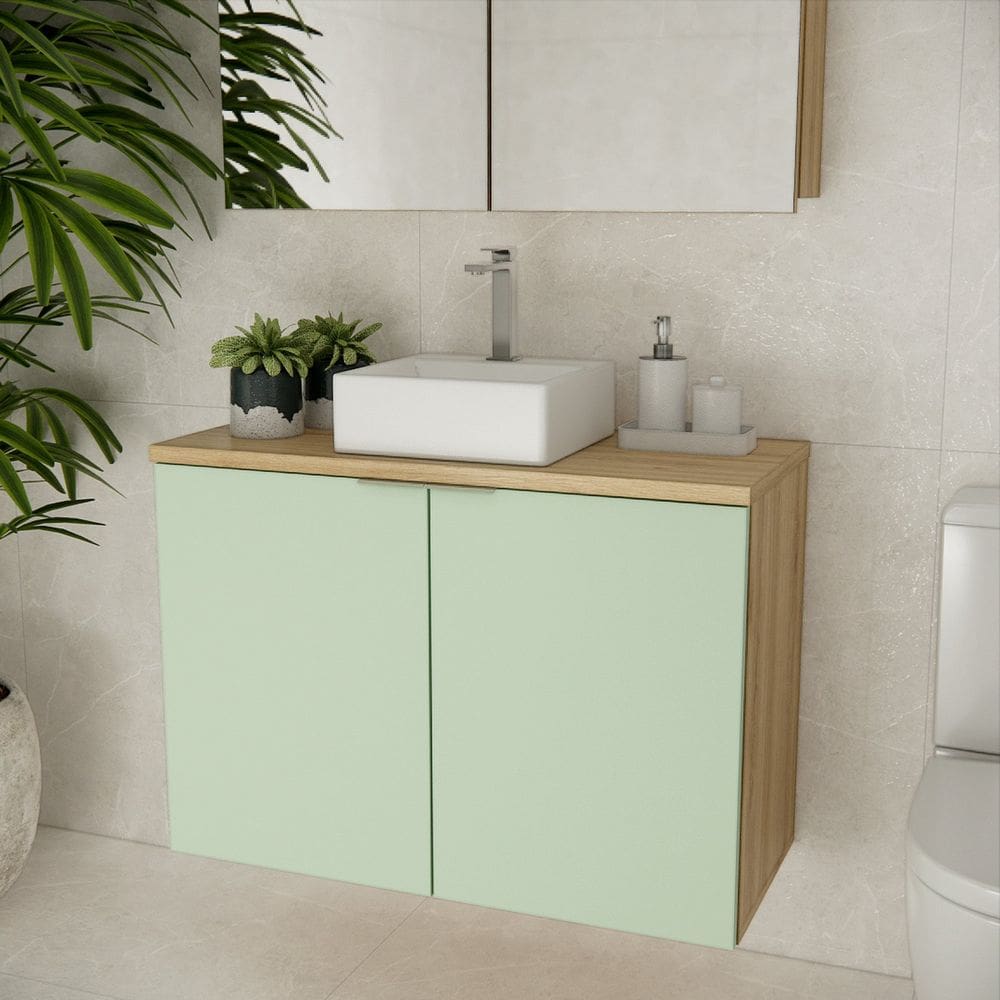 Gabinete de Banheiro 90cm X 65cm Marrom Carvalho / Verde