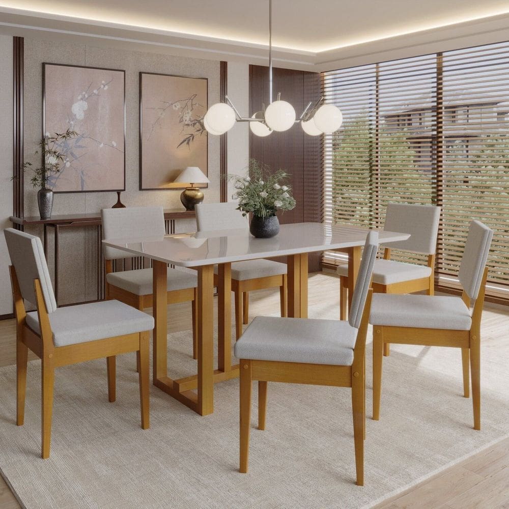 Conjunto Sala de Jantar 6 Lugares Retangular com Tampo de Vidro Mesa Filadélfia Cadeiras Miami Cerejeira/Off White/Cinza
