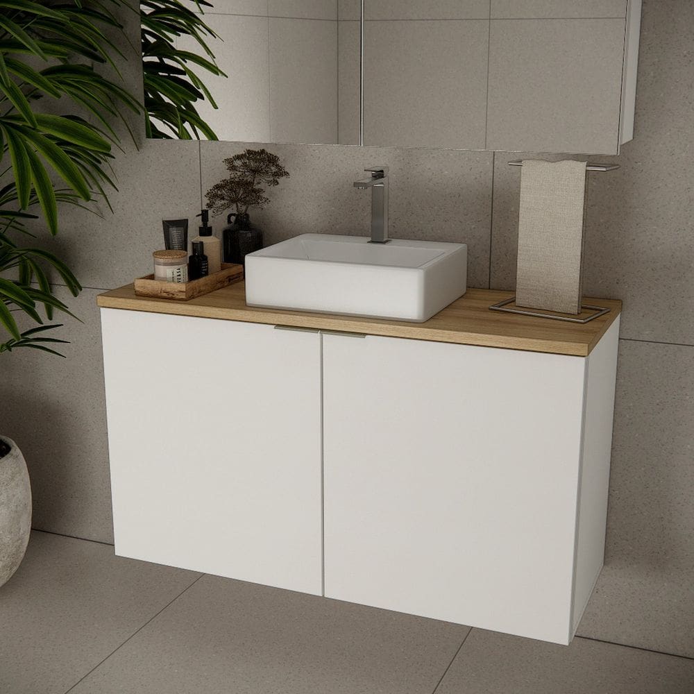 Gabinete de Banheiro com Cuba 110cm 65cm Marrom Branco / Carvalho