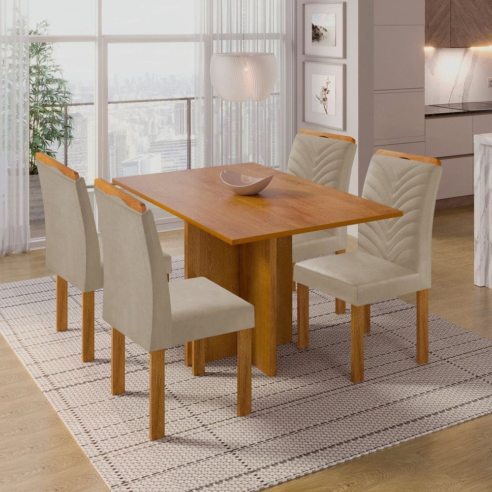 Conjunto Sala de Jantar Mesa 10x79cm Tampo Dakota e 4 Cadeiras Carol Cinamomo/Bege Claro