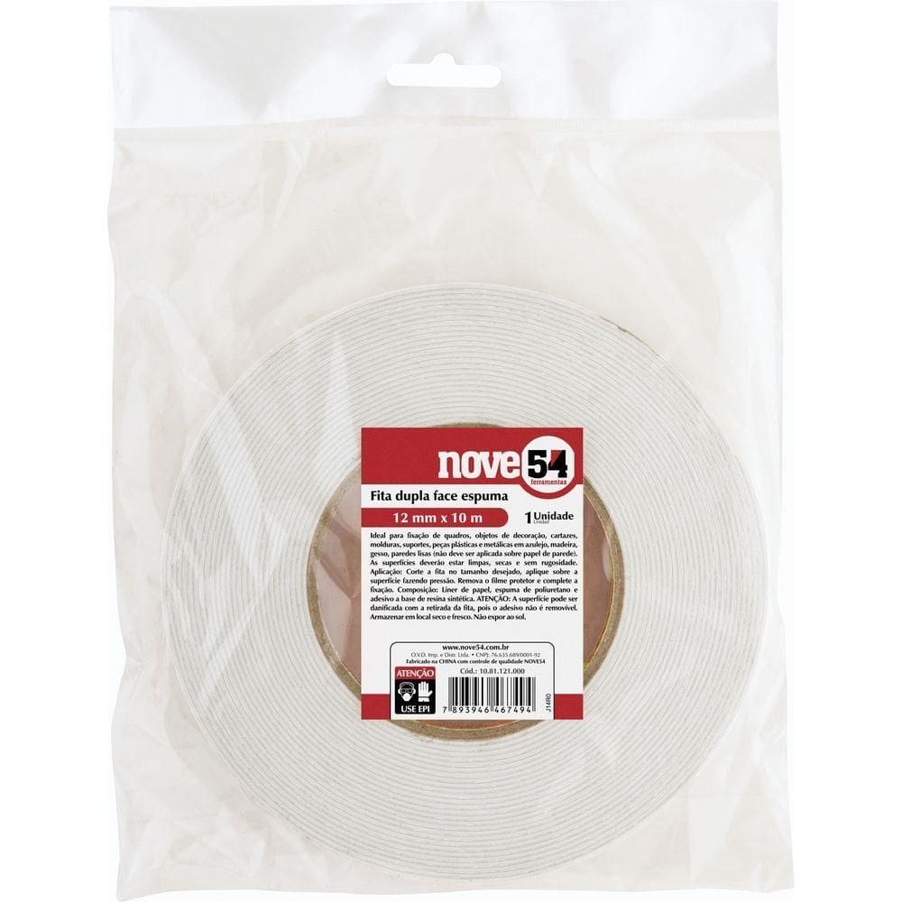 Fita Dupla Face Espuma 12mmx10m Branca - Nove54