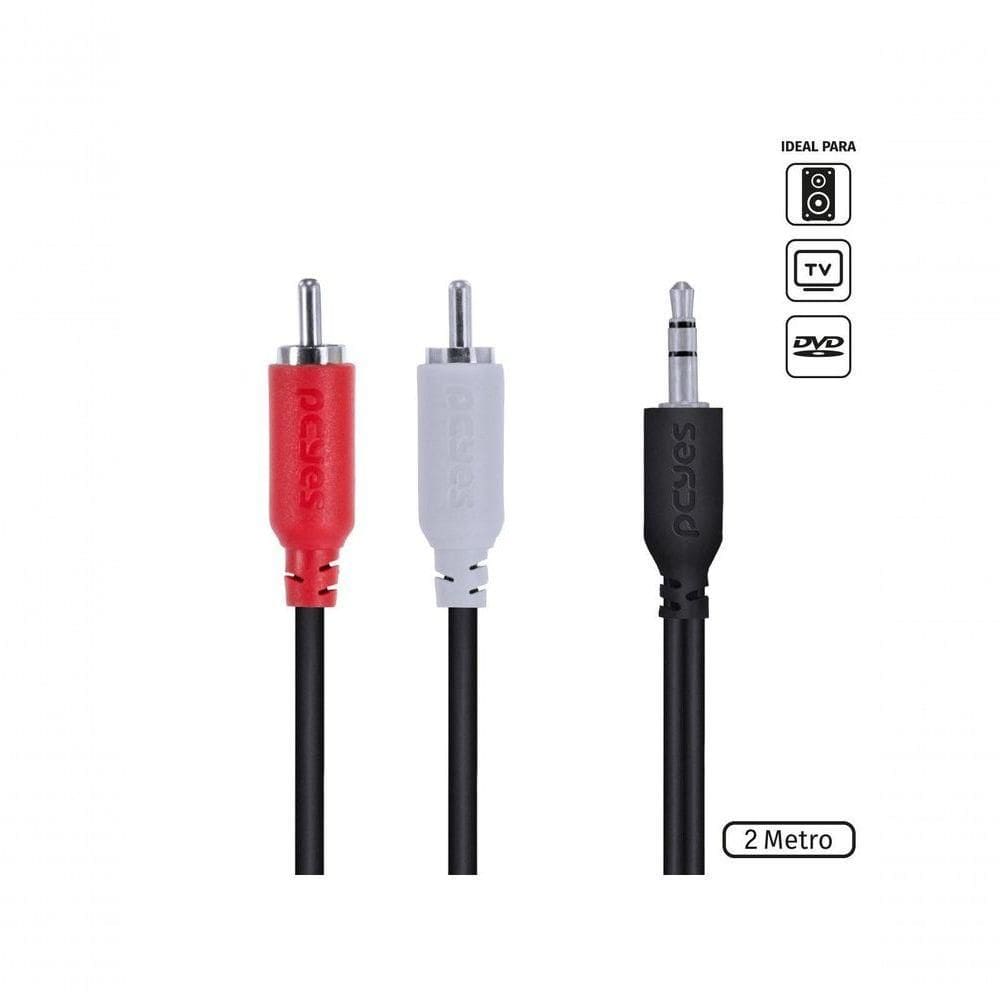 Cabo De áudio 2 Rca Macho Para P2 3.5mm Macho 28awg Puro Cobre 2 Metros - P2r35-2