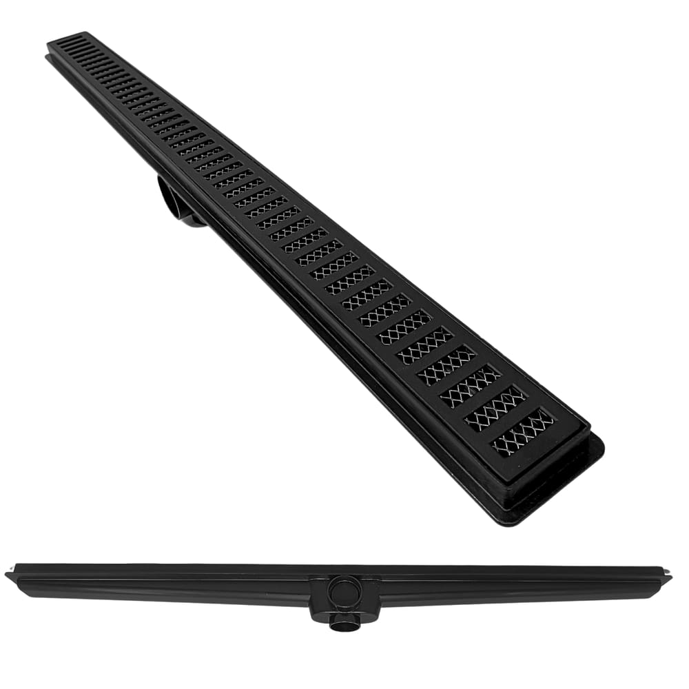 Ralo Linear Preto 60cm x 5cm Alumínio Vazado com Coletor Preto Saídas 40mm com Tela (5cm x 61cm)