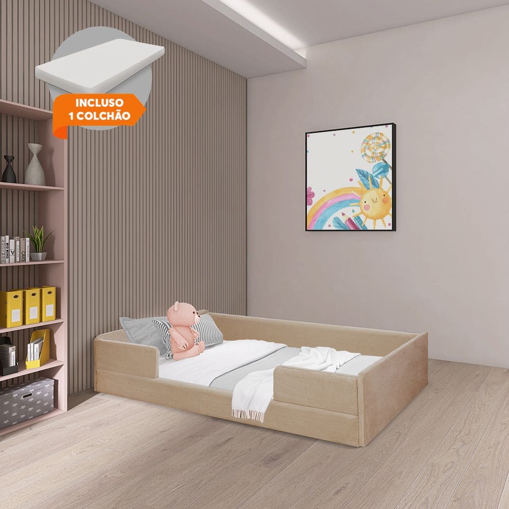 Cama Montessoriana Infantil com Colchão em Madeira Maciça com Revestimento em Tecido Luana Bege