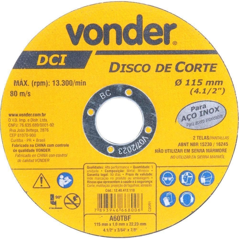 Disco De Corte 115 Mm X 1,0 Mm X 22,23 Mm Dci Inox Vonder