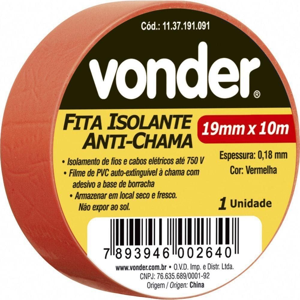 Fita Isolante Pvc 19mmx10m Vermelha Anti Chama Peça Vonder