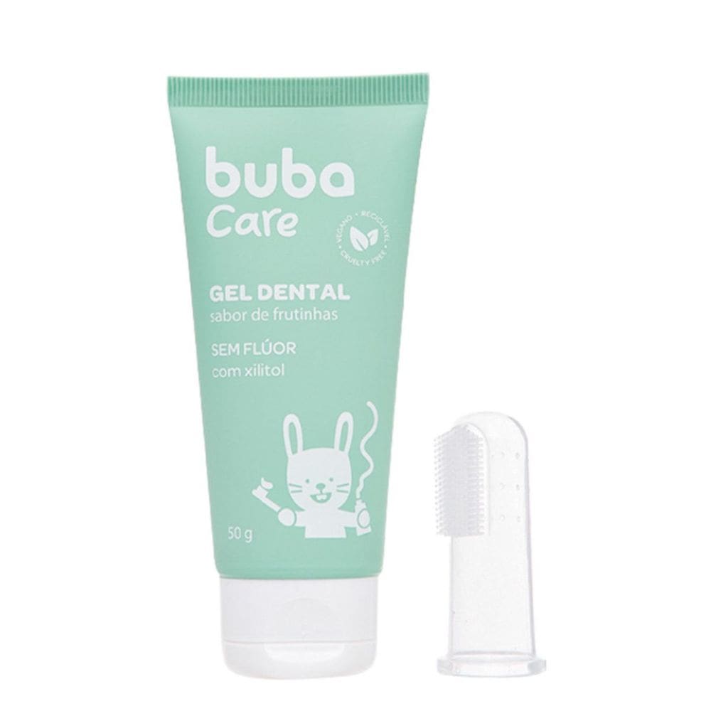 Gel Dental e Escova Massageadora Infantil 50g Vegano Sabor Frutinhas Extrato de Camomila Buba