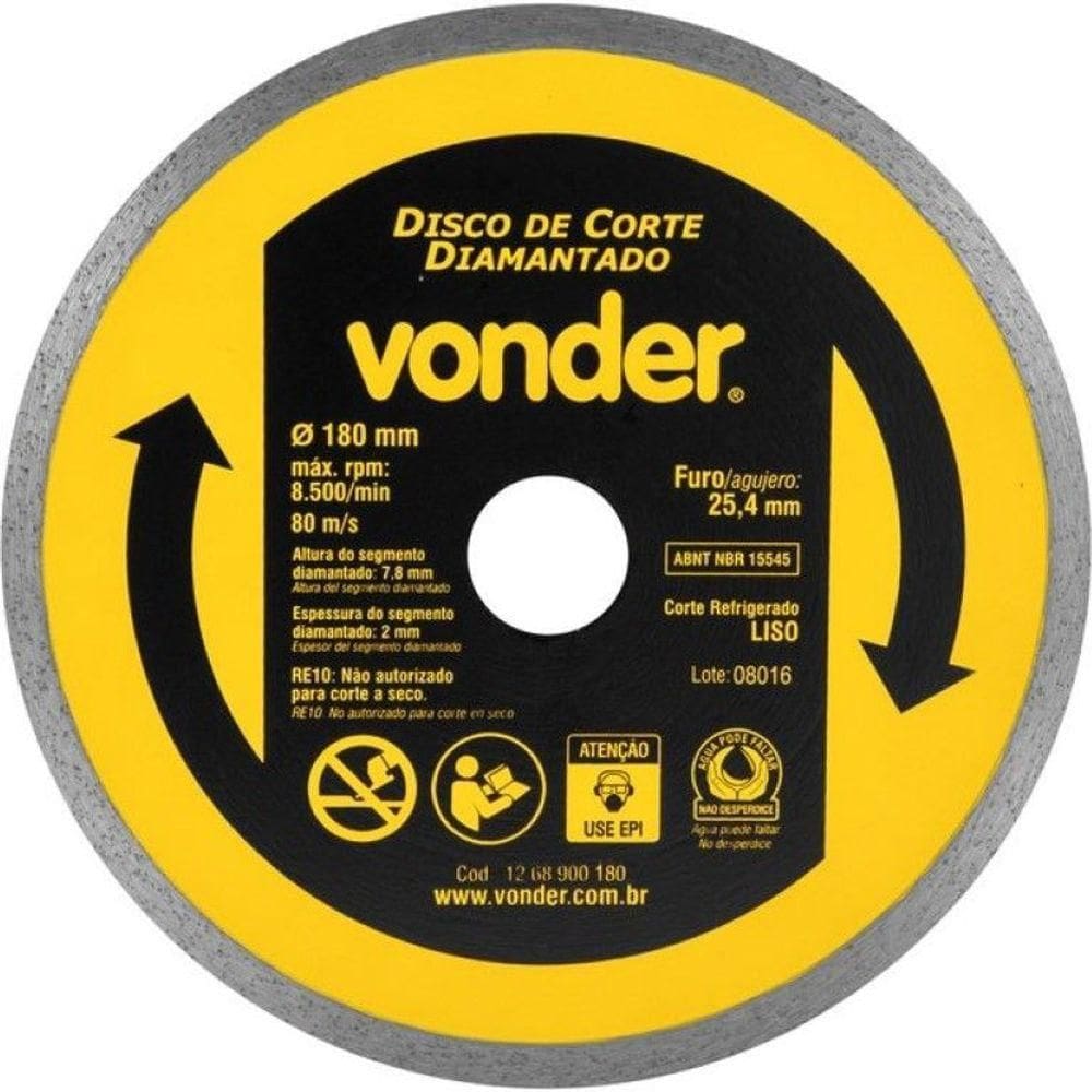 Disco De Corte Diamantado 180 Mm Liso Vonder