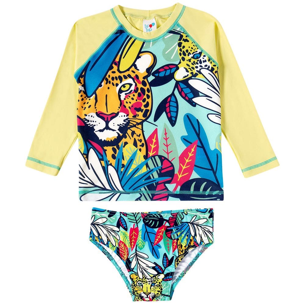 Conjunto Praia Infantil Proteção UV Onça Tropical Verde Flúor Tip Top