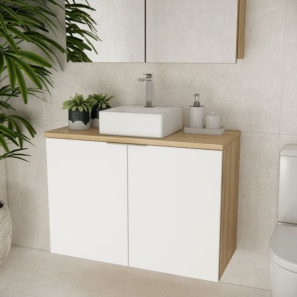 Gabinete de Banheiro Cm Cuba 90cm Marrom Carvalho / Branco