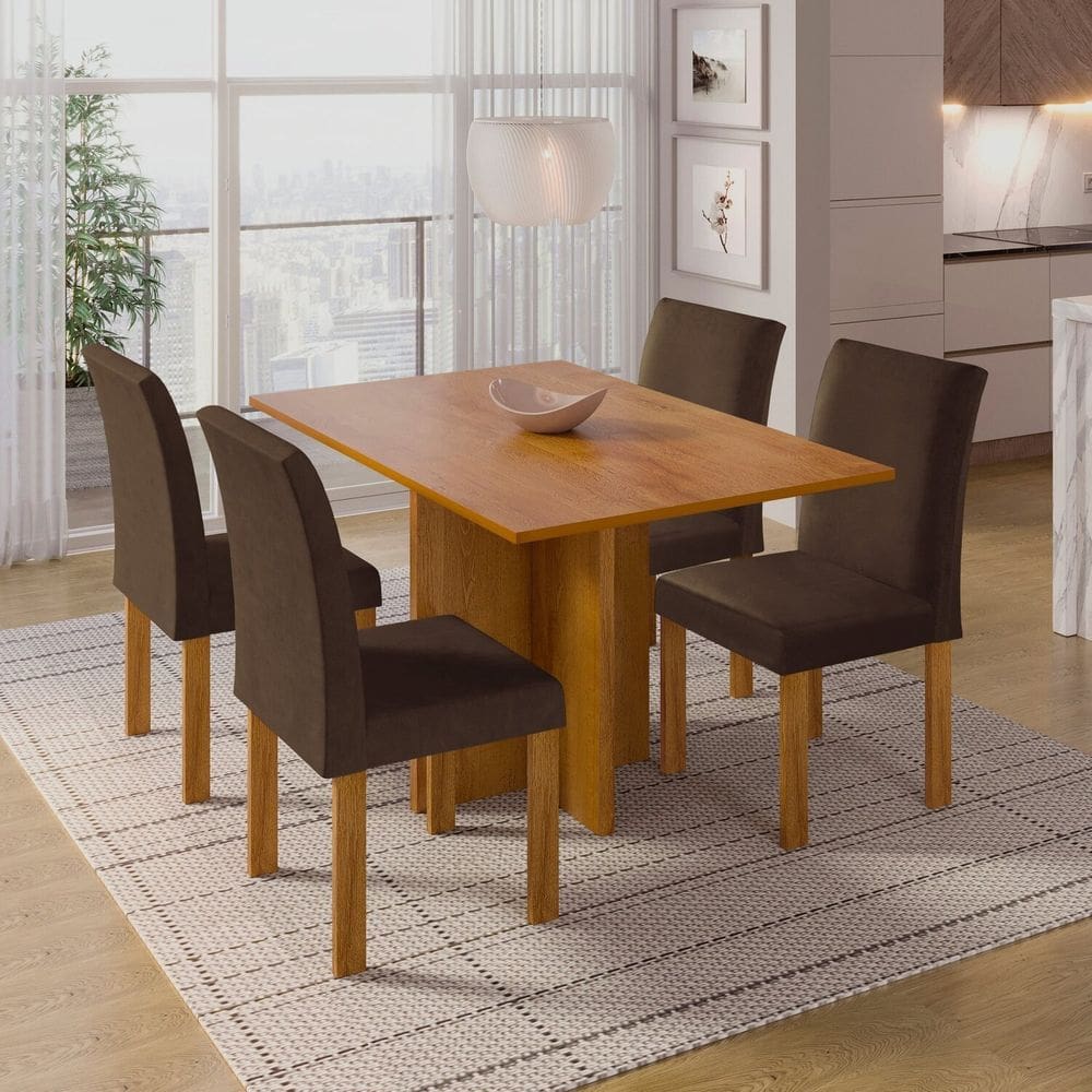Conjunto Sala de Jantar Mesa Carol 100x79cm Tampo Dakota e 4 Cadeiras Espanha Cinamomo/Marrom