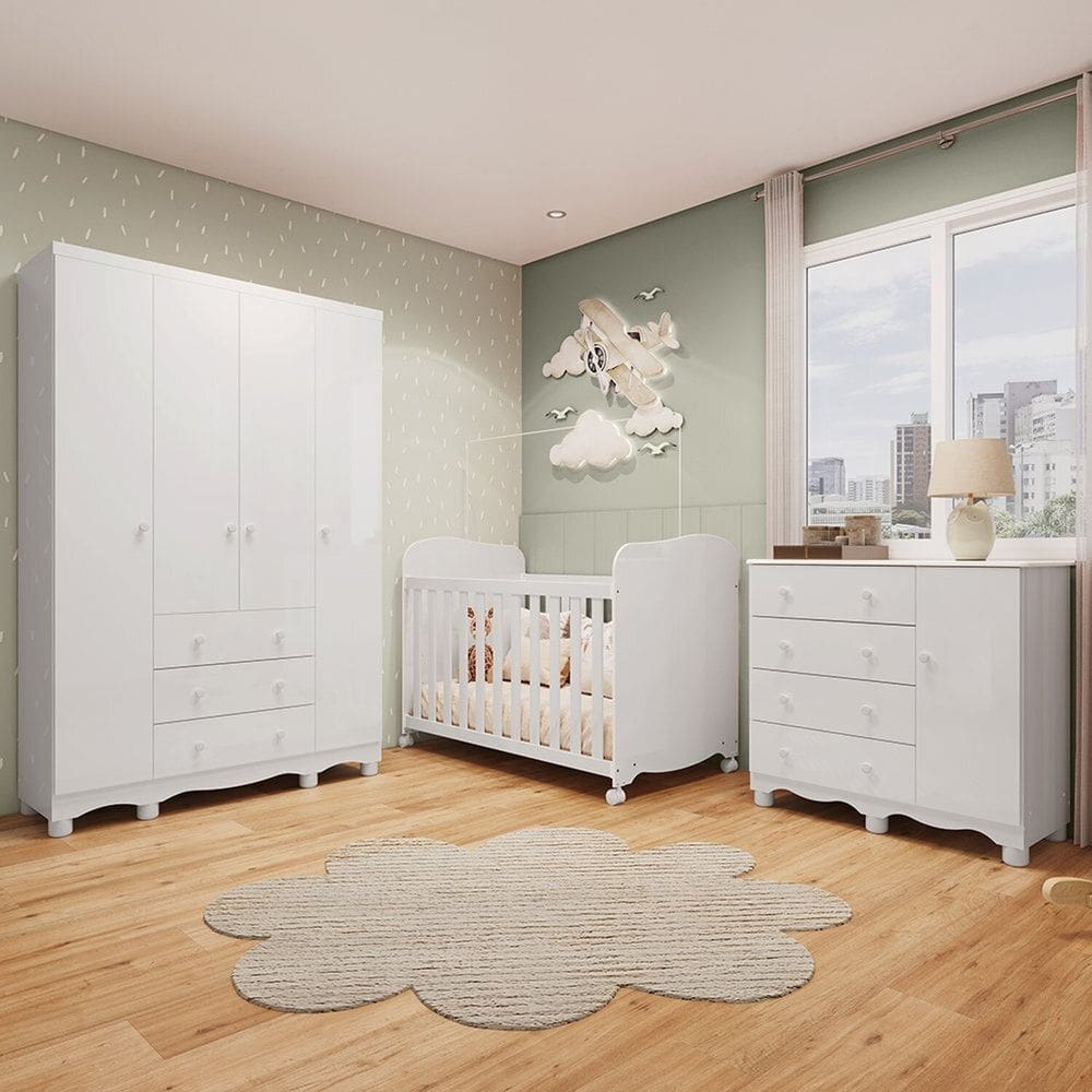 Quarto de Bebê Completo com Guarda-roupa 4 Portas Cômoda e Berço 100% Mdf Mimo Espresso Móveis Branco Brilho