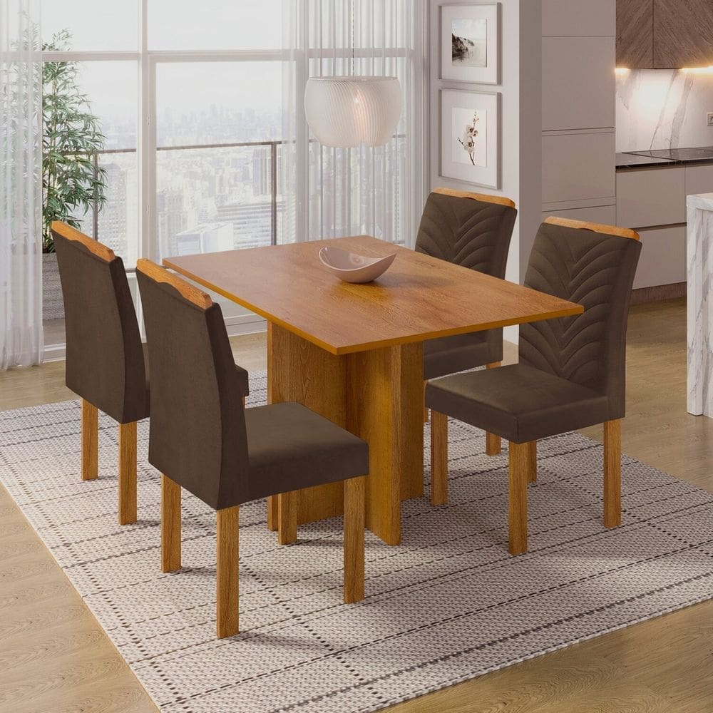 Conjunto Sala de Jantar Mesa 10x79cm Tampo Dakota e 4 Cadeiras Carol Cinamomo/Marrom