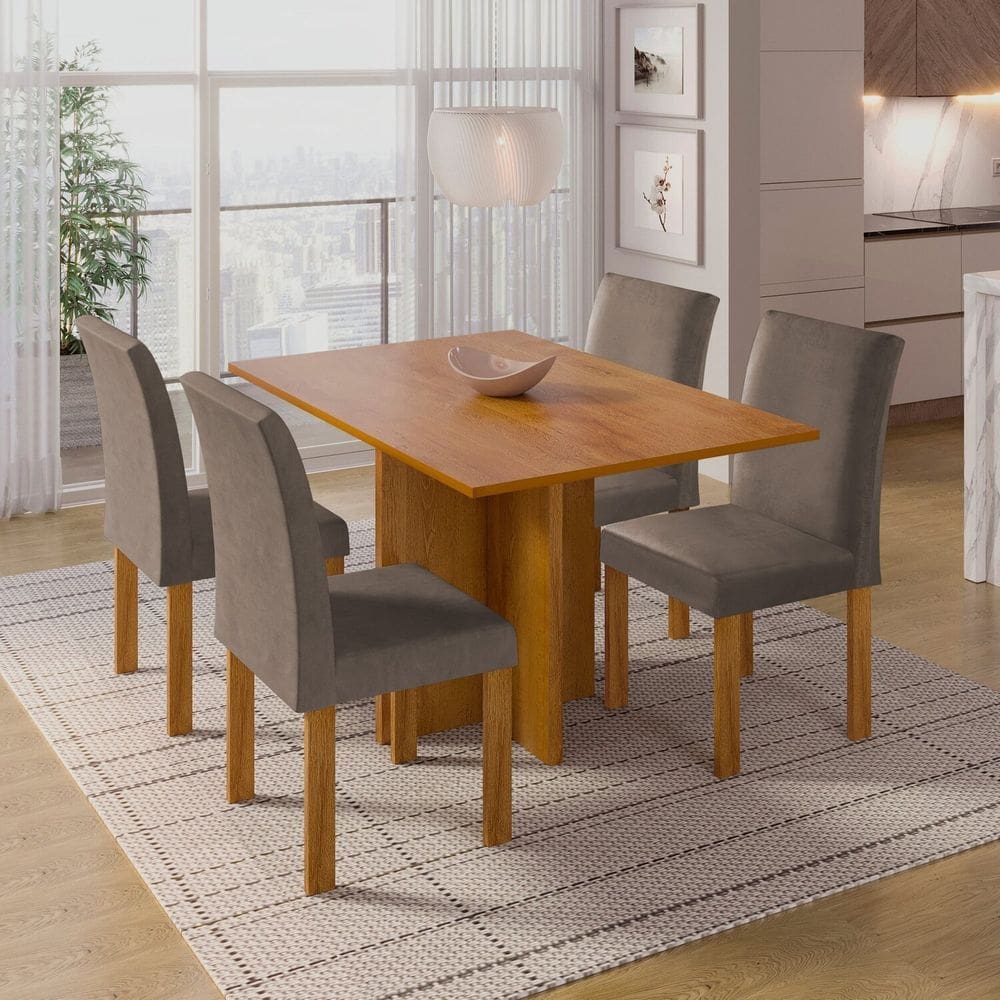 Conjunto Sala de Jantar Mesa Carol 100x79cm Tampo Dakota e 4 Cadeiras Espanha Cinamomo/Bege Escuro