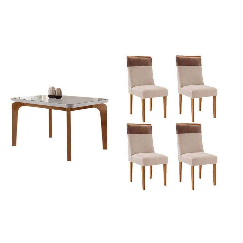 Sala de Jantar Completa Londrina c/ Tampo Madeirado c/ Vidro Canto Curvo 120x80cm 4 Cadeiras Jaspe Naturale/Off White - Suede Creme - Rufato