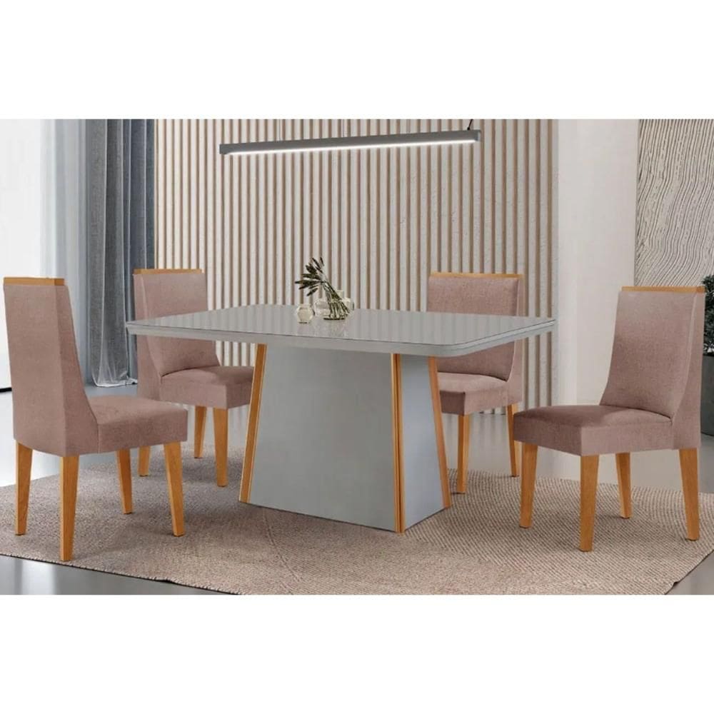 Sala de Jantar Completa Tilia c/ Tampo Madeirado c/ Vidro Canto Curvo 120x80cm e 4 Cadeiras Dakota Naturale/Off White - Linho Capuccino - Rufato