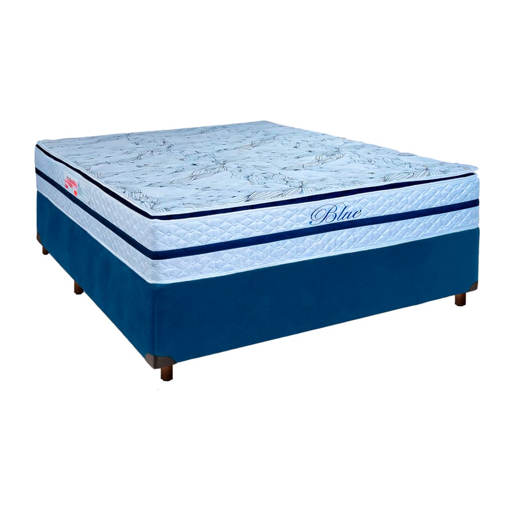 Conjunto Cama Box Azul Casal + Colchão Molas Ensacadas Blue Paropas