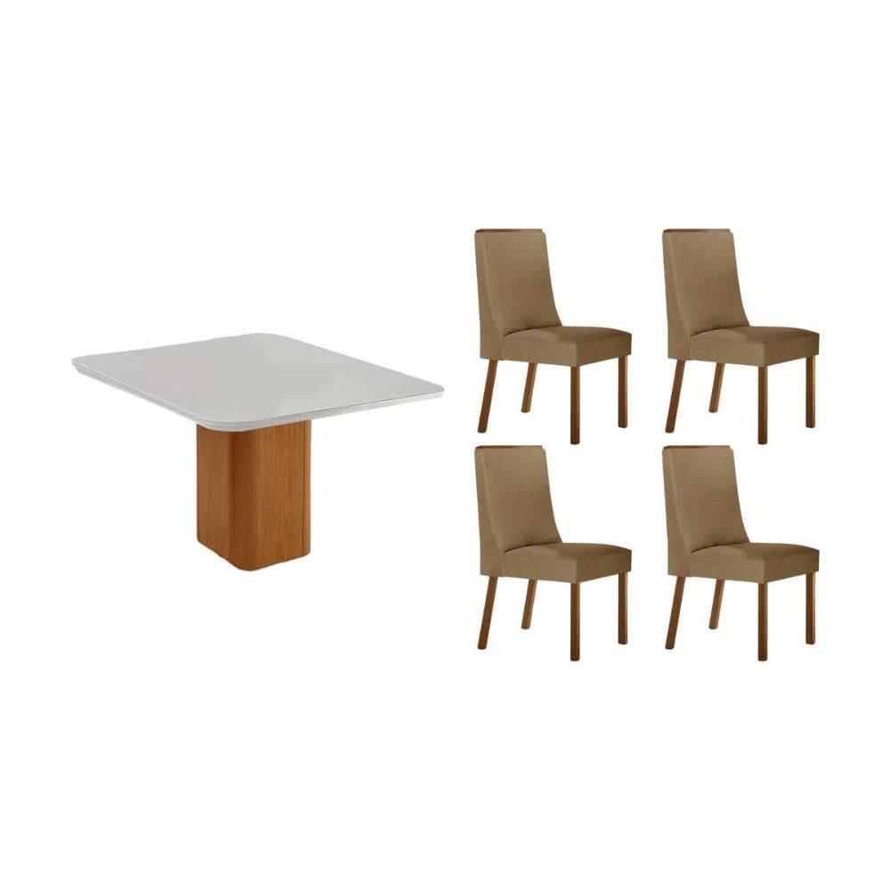 Sala de Jantar Completa Maldivas c/ Tampo Madeirado c/ Vidro Canto Curvo 90x90cm e 4 Cadeiras Dakota Naturale/Off White - Linho Bege - Rufato