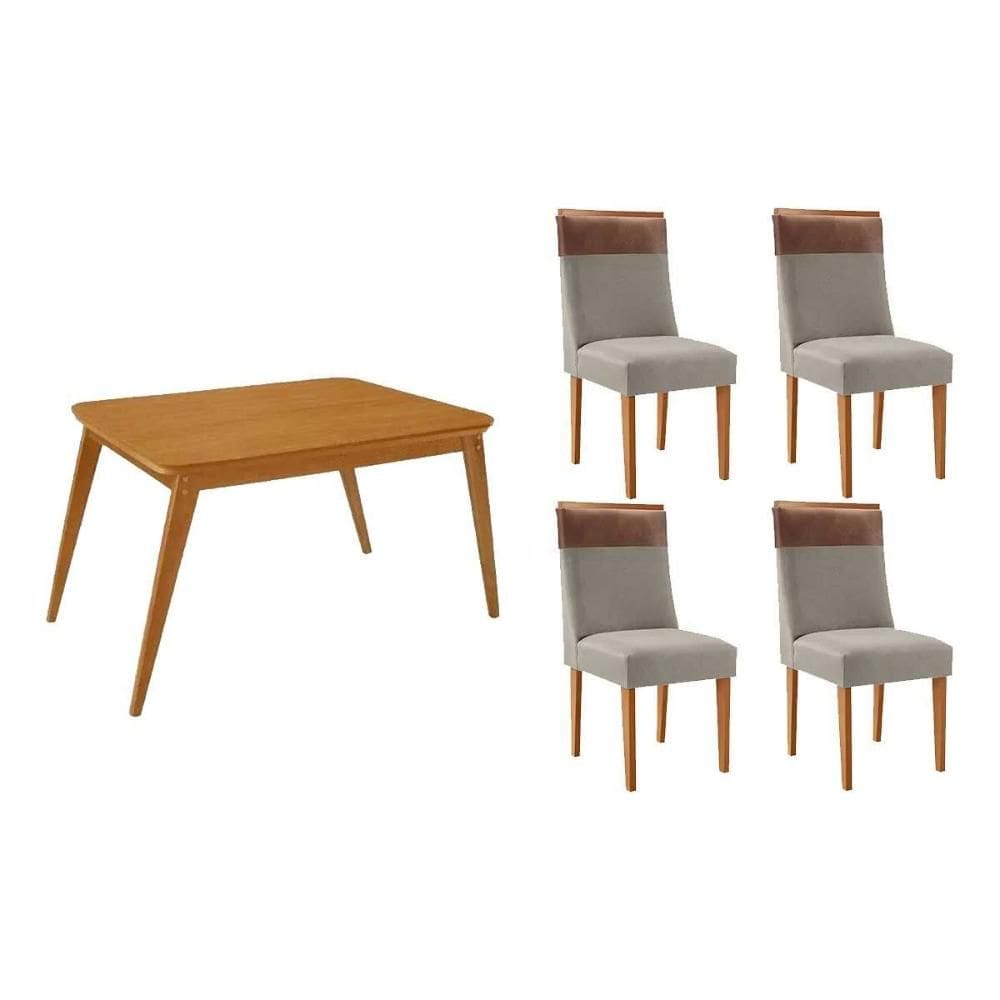 Sala de Jantar Completa Havana c/ Tampo Madeirado Canto Curvo 120x80cm e 4 Cadeiras Jaspe Naturale - Suede Capuccino - Rufato
