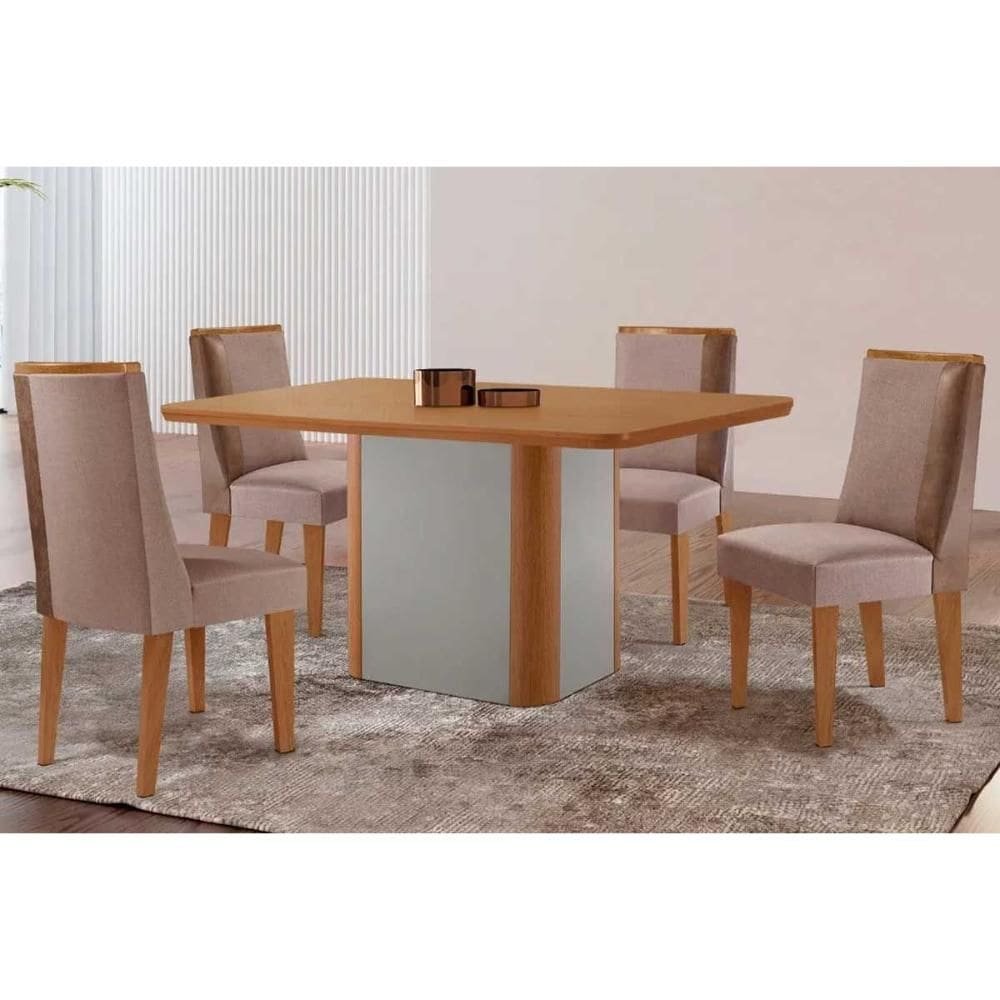 Sala de Jantar Completa Pietá c/ Tampo Madeirado Canto Curvo 120x80cm e 4 Cadeiras Tilia Naturale/Off White - Linho Capuccino - Rufato