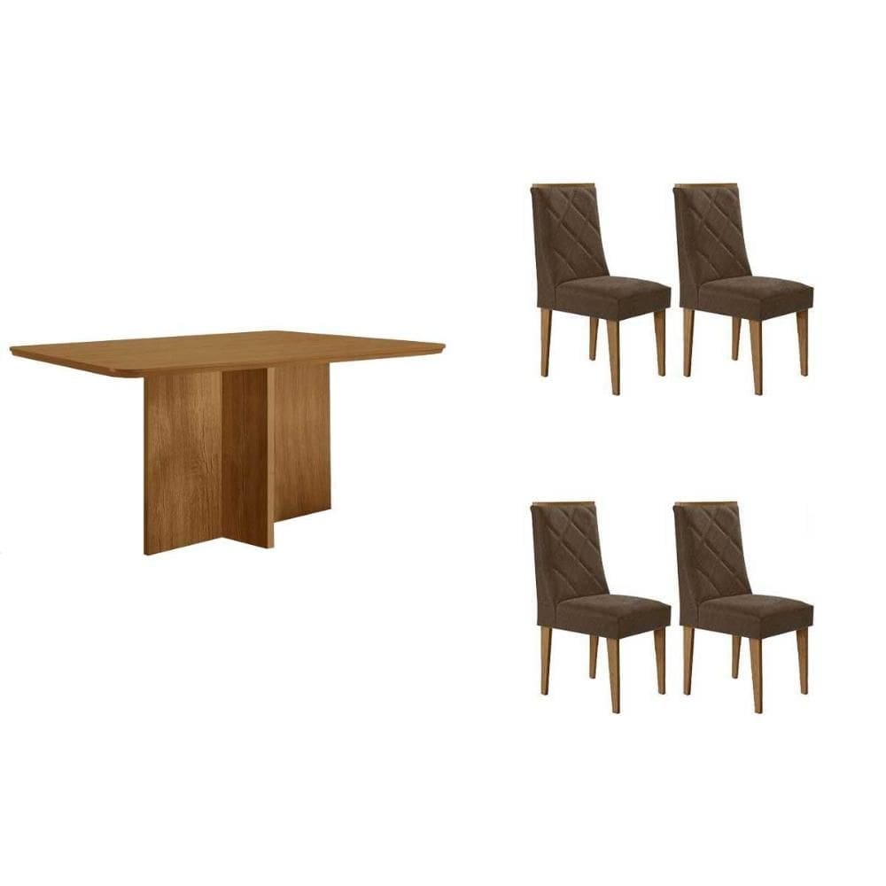 Sala de Jantar Completa Berlim c/ Tampo Madeirado Canto Curvo 120x80cm e 4 Cadeiras Pietá Naturale - Linho Capuccino - Rufato