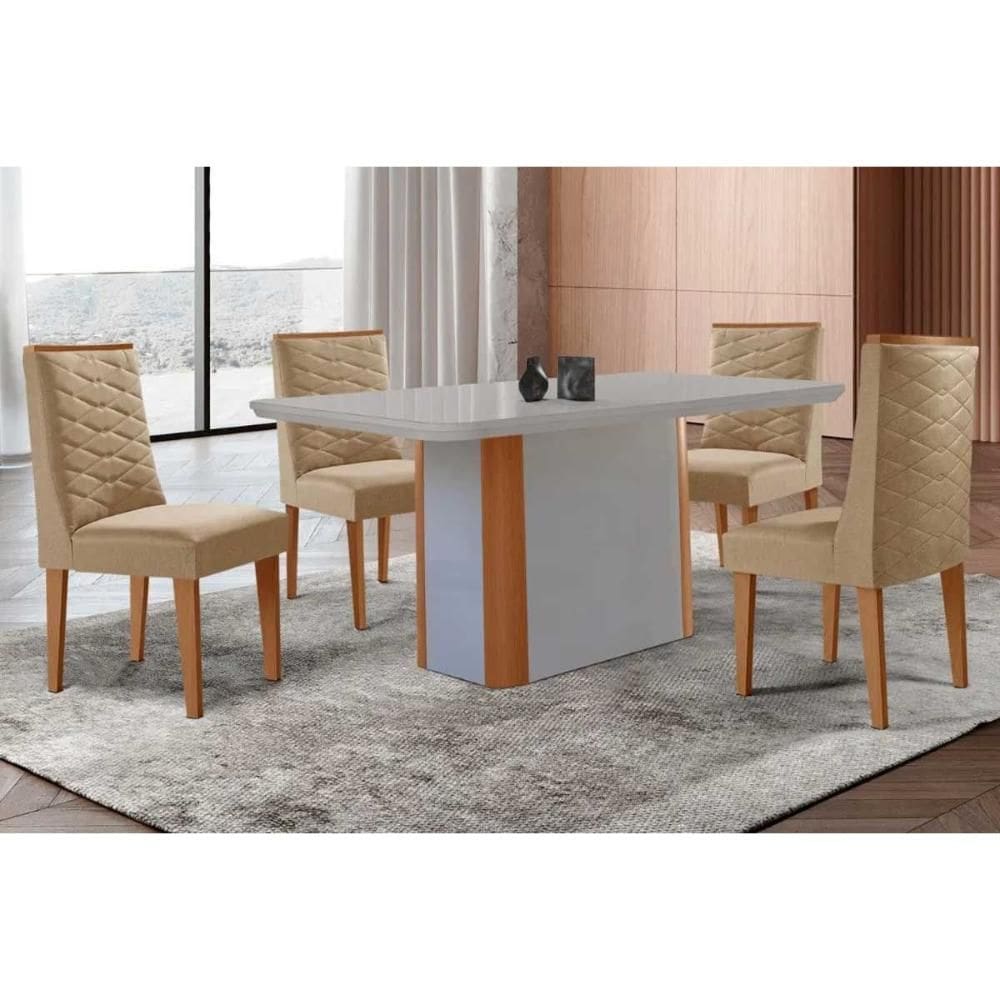 Sala de Jantar Completa Pietá c/ Tampo Madeirado c/ Vidro Canto Curvo 120x80cm e 4 Cadeiras Dafne Naturale/Off White - Linho Bege - Rufato