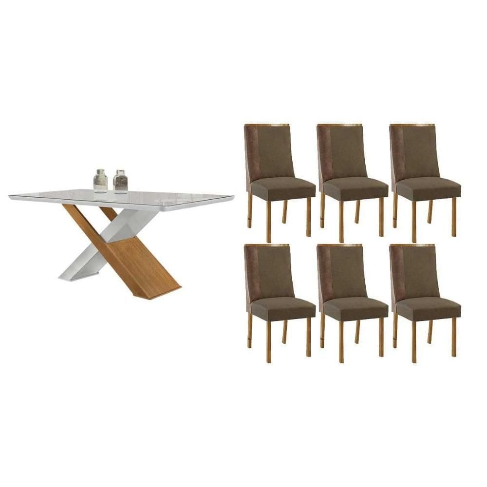Sala de Jantar Completa Imperatriz c/ Tampo Madeirado c/ Vidro Canto Curvo 180X90cm e 6 Cadeiras Tilia Naturale/Off White - Suede Capuccino - Rufato