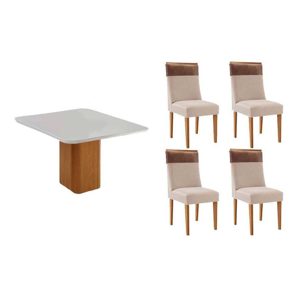 Sala de Jantar Completa Maldivas c/ Tampo Madeirado c/ Vidro Canto Curvo 90x90cm e 4 Cadeiras Jaspe Naturale/Off White - Suede Creme - Rufato