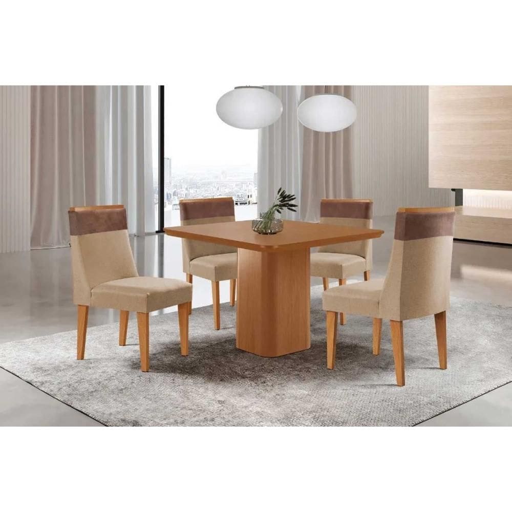 Sala de Jantar Completa Maldivas c/ Tampo Madeirado Canto Curvo 90x90cm e 4 Cadeiras Jaspe Naturale - Linho Bege - Rufato