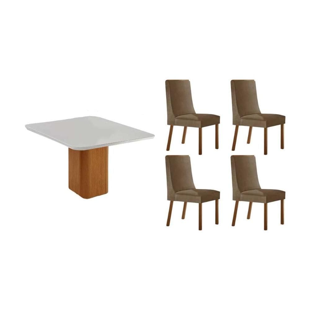 Sala de Jantar Completa Maldivas c/ Tampo Madeirado c/ Vidro Canto Curvo 90x90cm e 4 Cadeiras Dakota Naturale/Off White - Suede Capuccino - Rufato