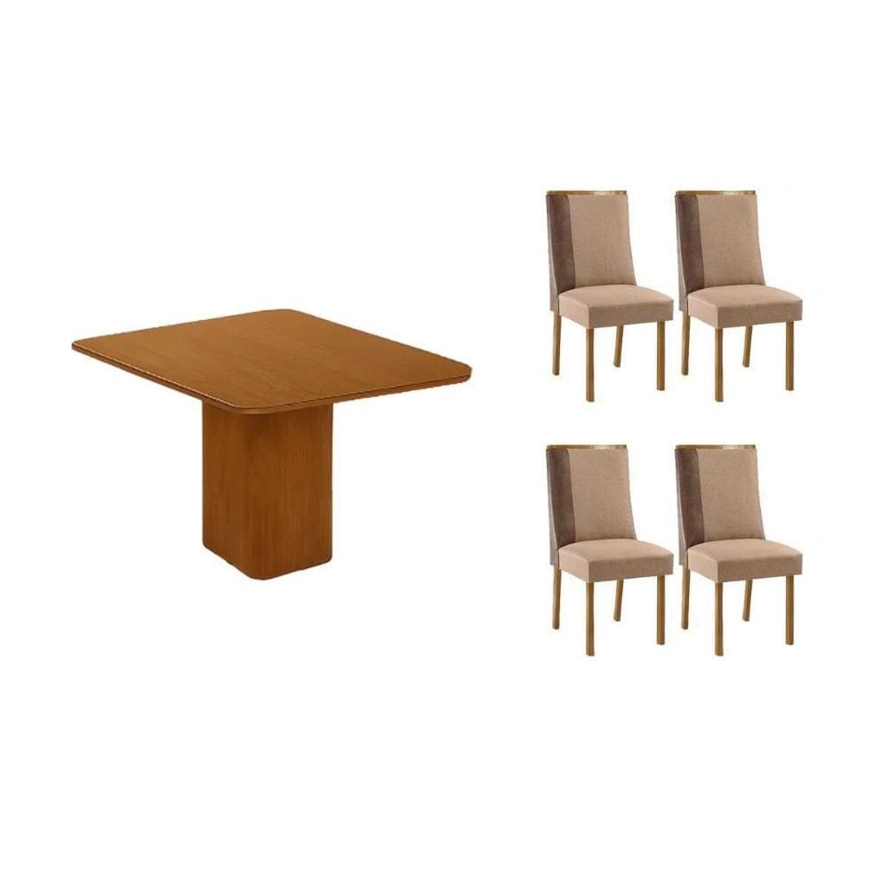 Sala de Jantar Completa Maldivas c/ Tampo Madeirado Canto Curvo 90x90cm e 4 Cadeiras Tilia Naturale - Linho Capuccino - Rufato