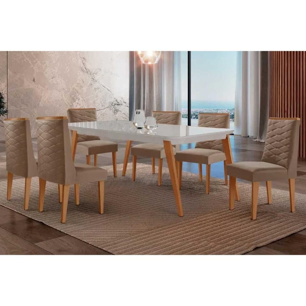 Sala de Jantar Completa Havana c/ Tampo Madeirado c/ Vidro Canto Curvo 180x90cm e 6 Cadeiras Dafne Naturale/Off White - Suede Capuccino - Rufato