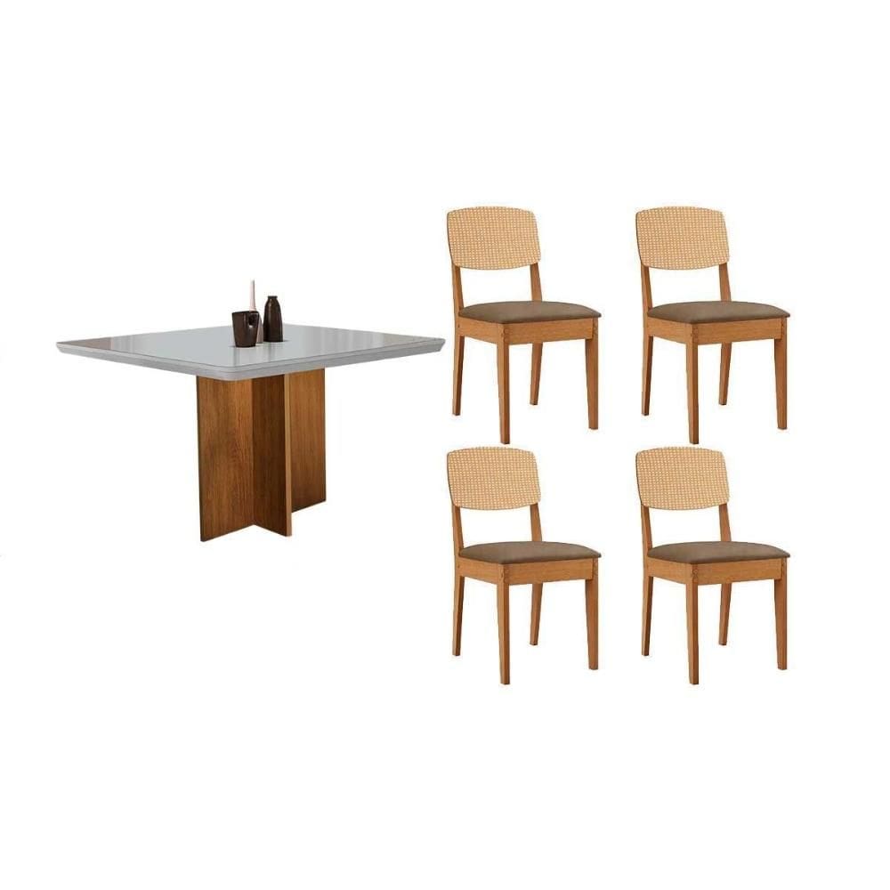 Conjunto Sala de Jantar Berlim c/ Tampo Madeirado c/ Vidro Canto Curvo 90x90cm e 4 Cadeiras Havana Premium Naturale/Off White - Suede Capuccino-Rufato