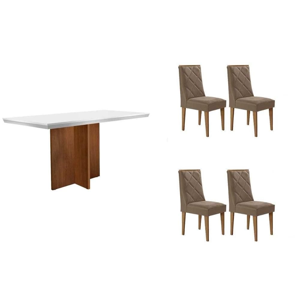 Sala de Jantar Completa Berlim c/ Tampo Madeirado c/ Vidro Canto Curvo 120x80cm e 4 Cadeiras Pietá Naturale/Off White - Corano Capuccino - Rufato
