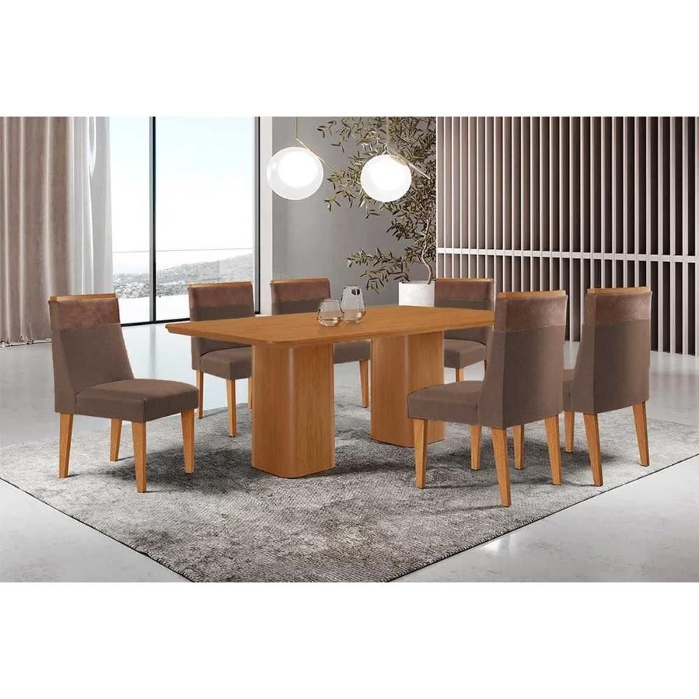 Sala de Jantar Completa Maldivas c/ Tampo Madeirado Canto Curvo 180x90cm e 6 Cadeiras Jaspe Naturale - Suede Marrom - Rufato