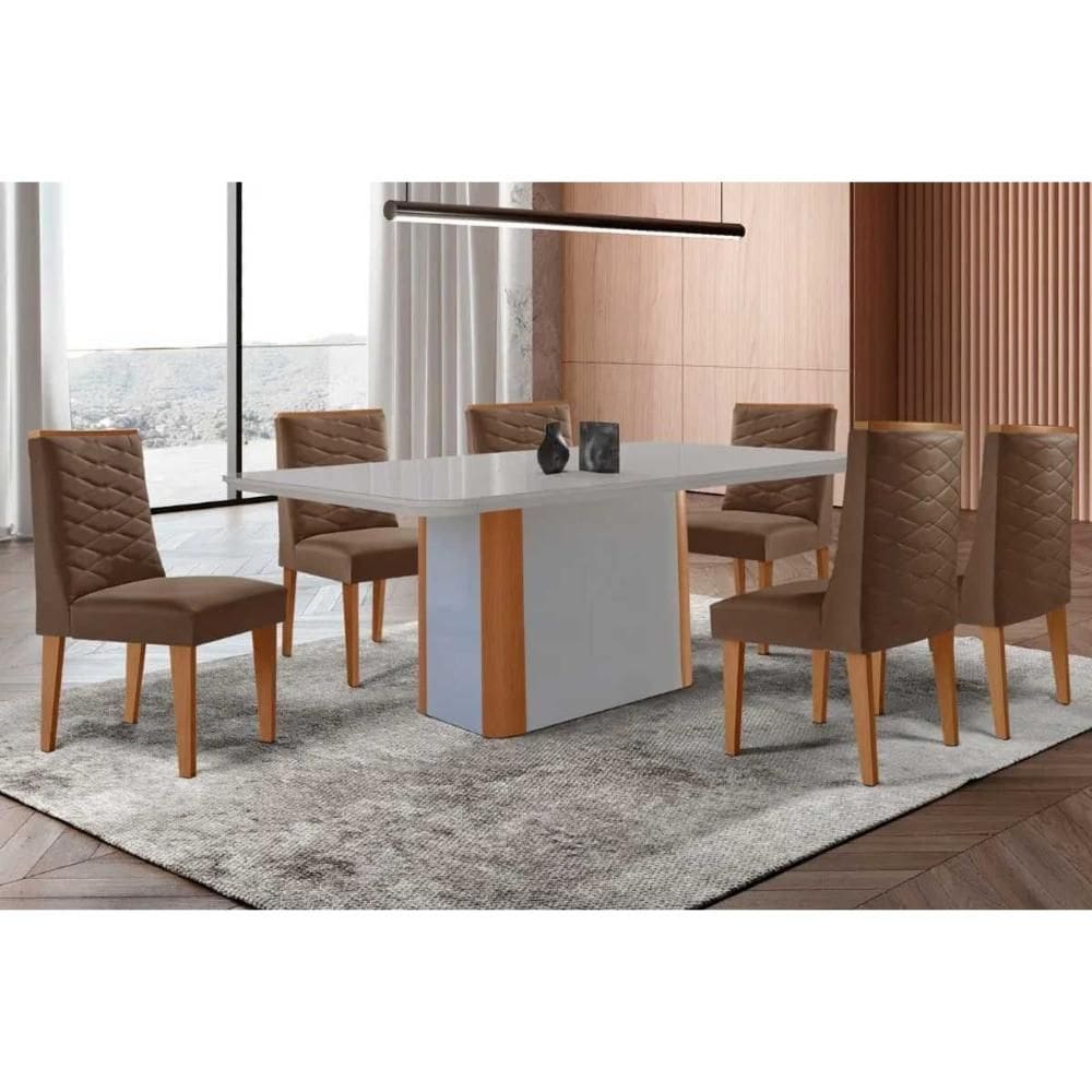 Sala de Jantar Completa Pietá c/ Tampo Madeirado c/ Vidro Canto Curvo 180x90cm e 6 Cadeiras Dafne Naturale/Off White - Suede Marrom - Rufato