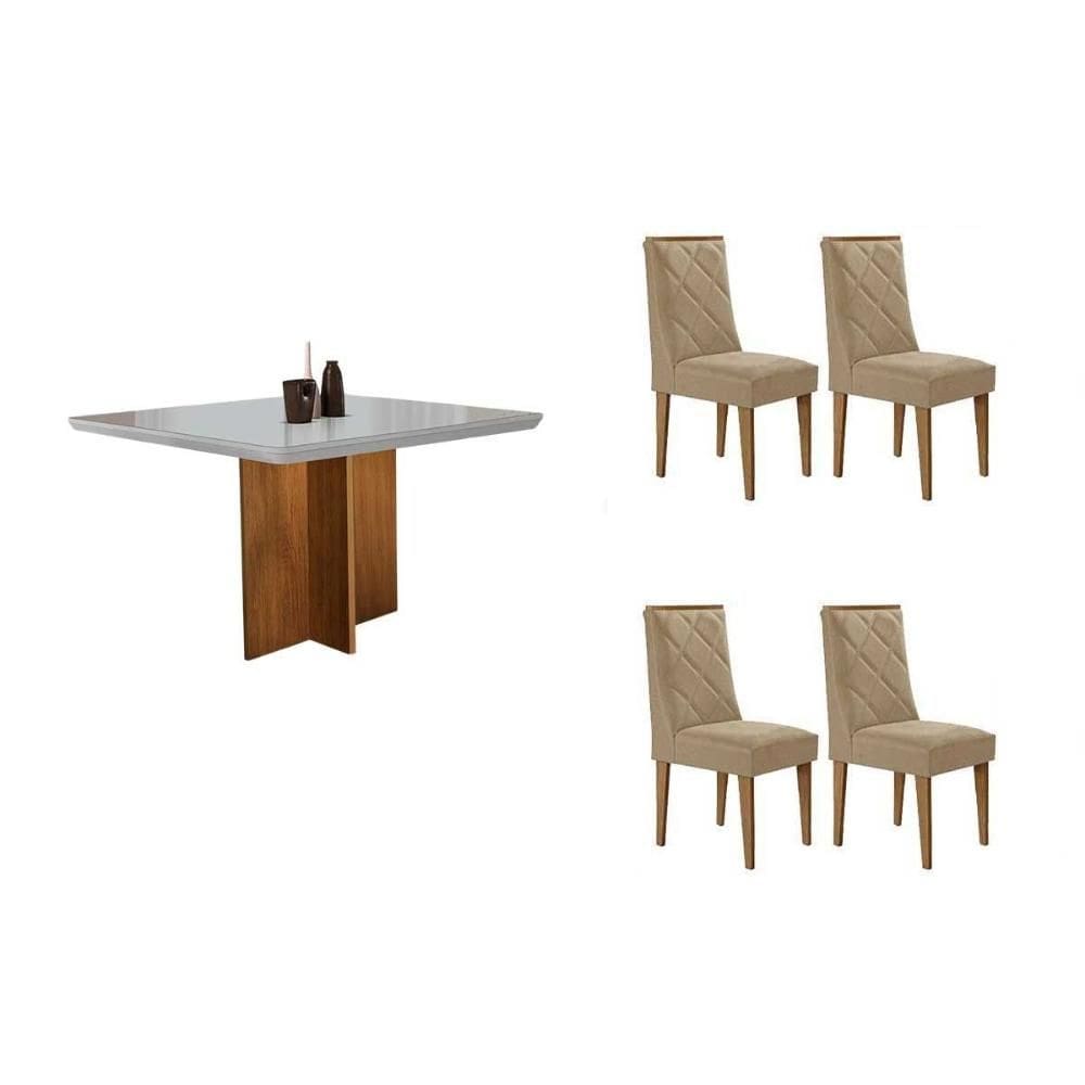 Sala de Jantar Completa Berlim c/ Tampo Madeirado c/ Vidro Canto Curvo 90x90cm e 4 Cadeiras Pietá Naturale/Off White - Suede Creme - Rufato