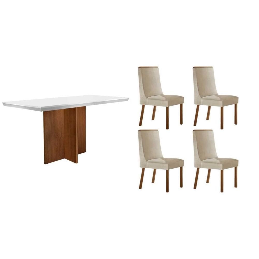 Sala de Jantar Completa Berlim c/ Tampo Madeirado c/ Vidro Canto Curvo 120x80cm e 4 Cadeiras Dakota Naturale/Off White - Suede Creme - Rufato