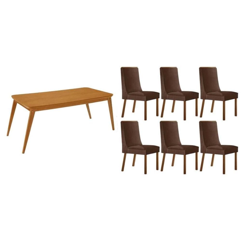 Sala de Jantar Completa Havana c/ Tampo Madeirado Canto Curvo 180x90cm e 6 Cadeiras Dakota Naturale - Suede Marrom - Rufato