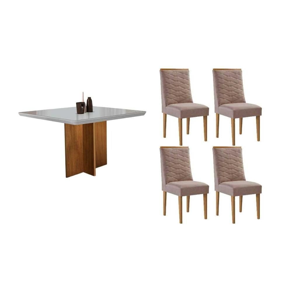 Sala de Jantar Completa Berlim c/ Tampo Madeirado c/ Vidro Canto Curvo 90x90cm e 4 Cadeiras Maldivas Naturale/Off White - Linho Capuccino - Rufato