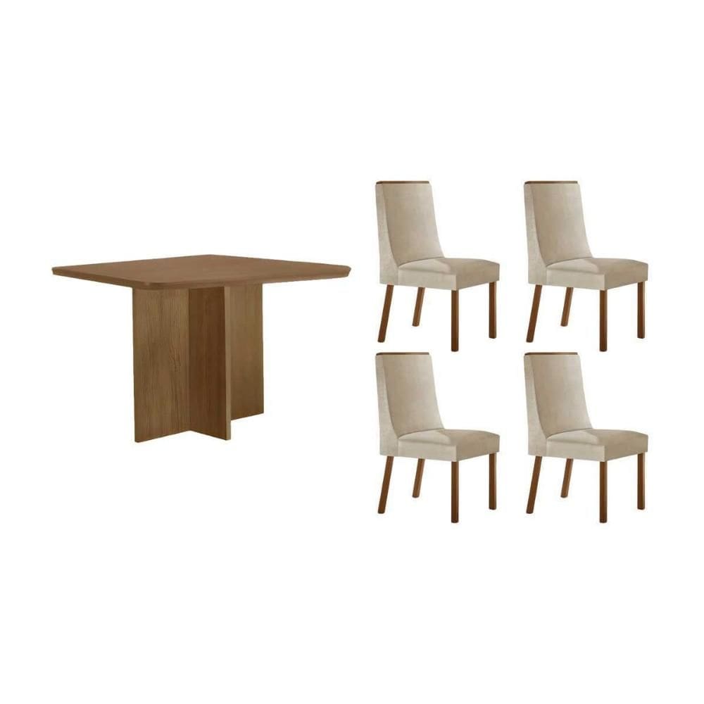 Sala de Jantar Completa Berlim c/ Tampo Madeirado Canto Curvo 90x90cm e 4 Cadeiras Dakota Naturale - Suede Creme - Rufato