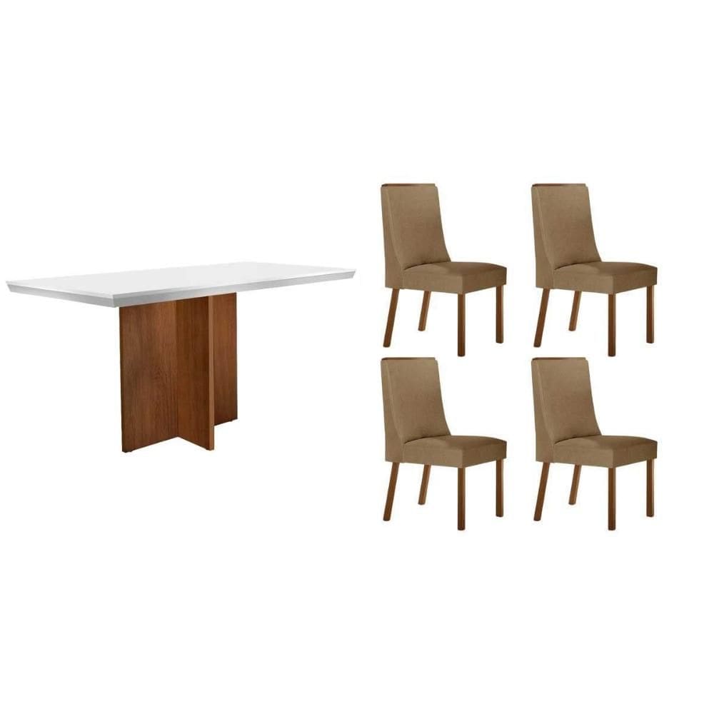 Sala de Jantar Completa Berlim c/ Tampo Madeirado c/ Vidro Canto Curvo 120x80cm e 4 Cadeiras Dakota Naturale/Off White - Linho Bege - Rufato