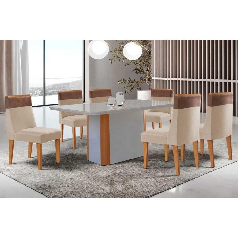 Sala de Jantar Completa Pietá c/ Tampo Madeirado c/ Vidro Canto Curvo 180x90cm e 6 Cadeiras Jaspe Naturale/Off White - Suede Creme - Rufato