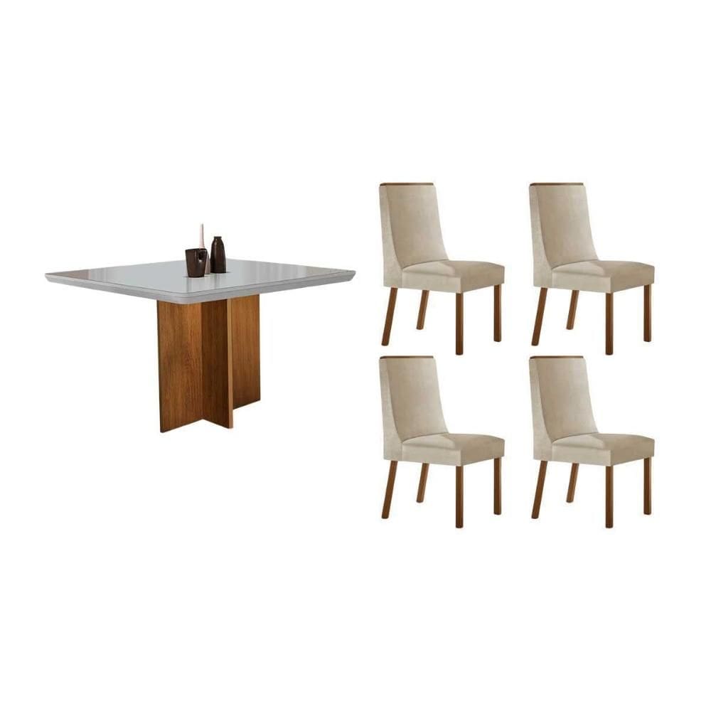 Sala de Jantar Completa Berlim c/ Tampo Madeirado c/ Vidro Canto Curvo 90x90cm e 4 Cadeiras Dakota Naturale/Off White - Suede Creme - Rufato