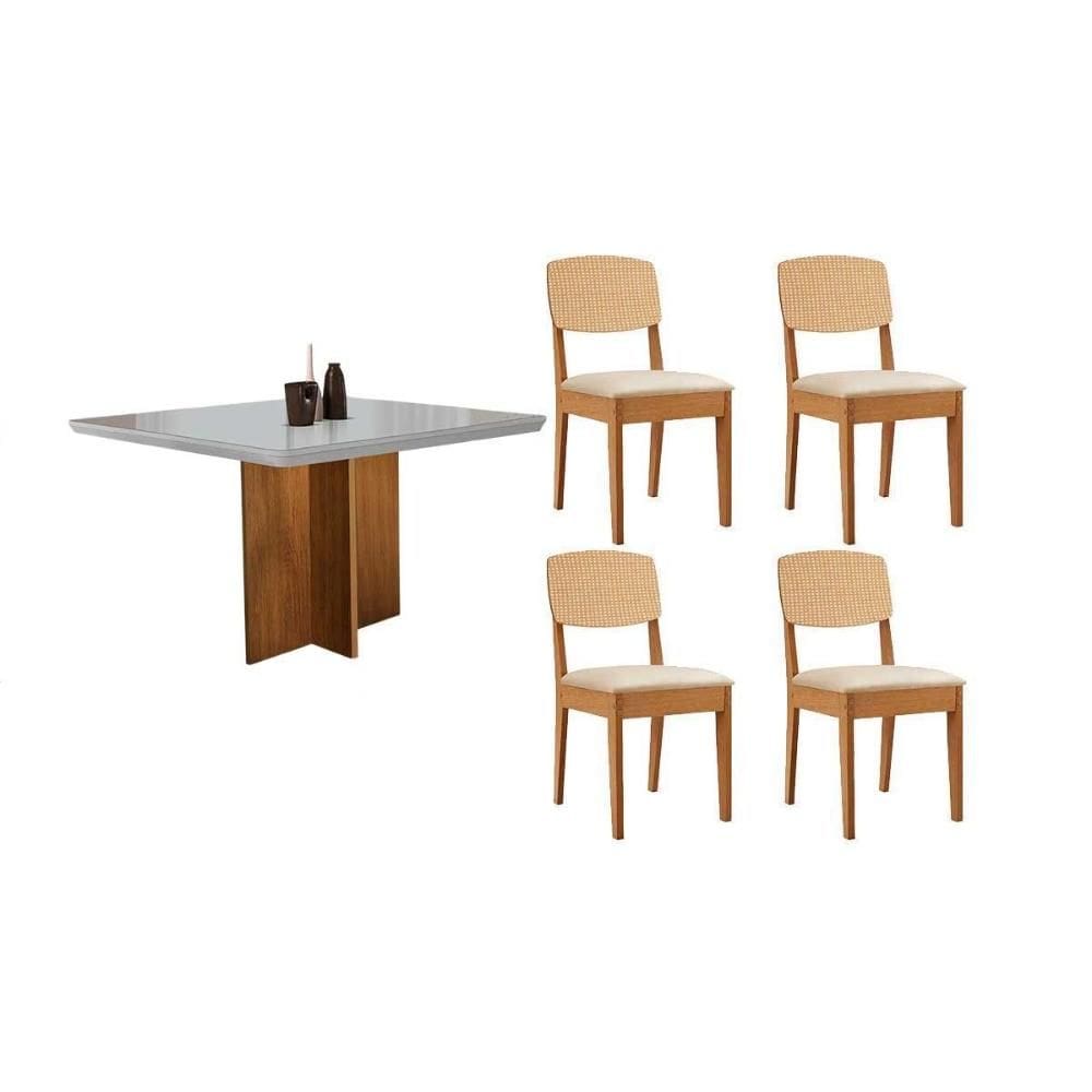 Sala de Jantar Completa Berlim c/ Tampo Madeirado c/ Vidro Canto Curvo 90x90cm e 4 Cadeiras Havana Premium Naturale/Off White - Suede Creme - Rufato