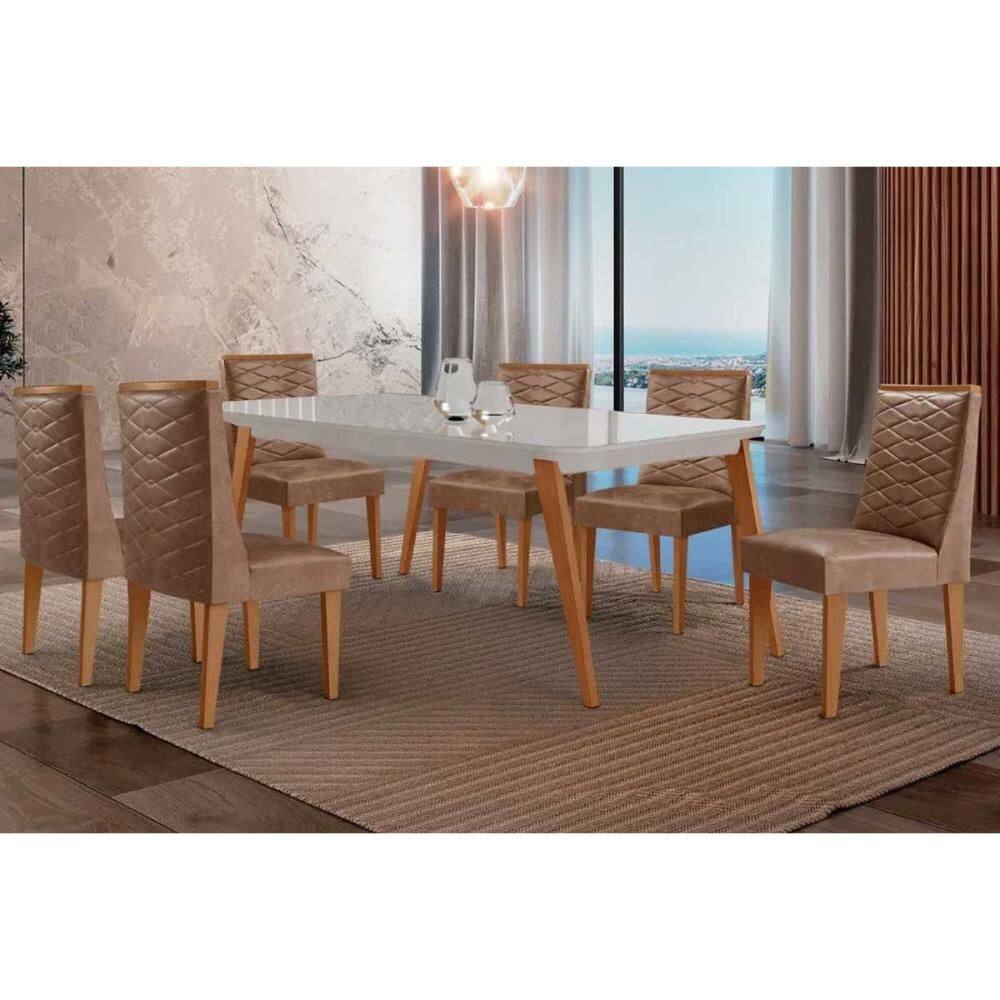 Sala de Jantar Completa Havana c/ Tampo Madeirado c/ Vidro Canto Curvo 180x90cm e 6 Cadeiras Dafne Naturale/Off White - Corano Capuccino - Rufato